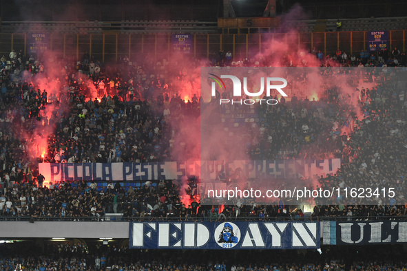 Supporters of SSC Napoli during the Serie A match between SSC Napoli and AC Monza at Stadio Diego Armando Maradona Naples Italy on 29 Septem...