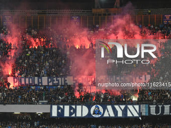 Supporters of SSC Napoli during the Serie A match between SSC Napoli and AC Monza at Stadio Diego Armando Maradona Naples Italy on 29 Septem...