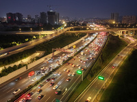 A photo taken on September 30, 2024, shows congestion on several expressways during the National Day holiday in Nanjing, China. (