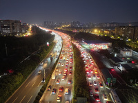 A photo taken on September 30, 2024, shows congestion on several expressways during the National Day holiday in Nanjing, China. (