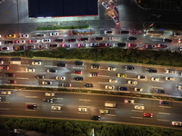 A photo taken on September 30, 2024, shows congestion on several expressways during the National Day holiday in Nanjing, China. (