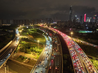 A photo taken on September 30, 2024, shows congestion on several expressways during the National Day holiday in Nanjing, China. (