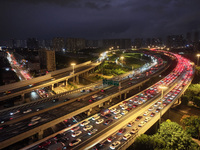 A photo taken on September 30, 2024, shows congestion on several expressways during the National Day holiday in Nanjing, China. (