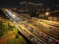 A photo taken on September 30, 2024, shows congestion on several expressways during the National Day holiday in Nanjing, China. (