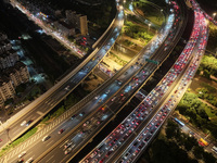 A photo taken on September 30, 2024, shows congestion on several expressways during the National Day holiday in Nanjing, China. (