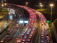 A photo taken on September 30, 2024, shows congestion on several expressways during the National Day holiday in Nanjing, China. (