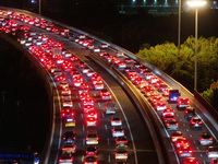 A photo taken on September 30, 2024, shows congestion on several expressways during the National Day holiday in Nanjing, China. (