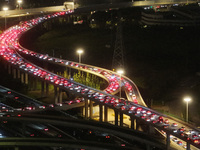 A photo taken on September 30, 2024, shows congestion on several expressways during the National Day holiday in Nanjing, China. (