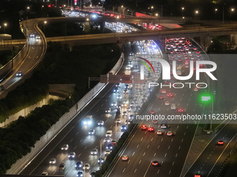 A photo taken on September 30, 2024, shows congestion on several expressways during the National Day holiday in Nanjing, China. (