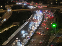 A photo taken on September 30, 2024, shows congestion on several expressways during the National Day holiday in Nanjing, China. (