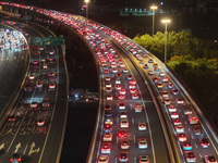 A photo taken on September 30, 2024, shows congestion on several expressways during the National Day holiday in Nanjing, China. (