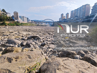 The bare scenery of the Qingshui River beach during the dry season in Jinping, Guizhou, China, on September 30, 2024. (