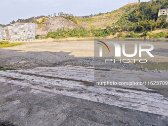 The bare scenery of the Qingshui River beach during the dry season in Jinping, Guizhou, China, on September 30, 2024. (