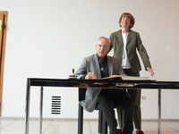 Actor Udo Kier greets Cologne Mayor Henriette Reker for his 80th birthday and signs the Golden Book at Cologne Town Hall in Cologne, Germany...