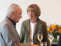 Actor Udo Kier greets Cologne Mayor Henriette Reker for his 80th birthday and signs the Golden Book at Cologne Town Hall in Cologne, Germany...