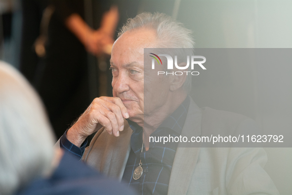 Actor Udo Kier greets Cologne Mayor Henriette Reker for his 80th birthday and signs the Golden Book at Cologne Town Hall in Cologne, Germany...