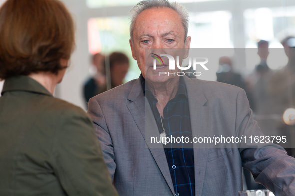 Actor Udo Kier greets Cologne Mayor Henriette Reker for his 80th birthday and signs the Golden Book at Cologne Town Hall in Cologne, Germany...