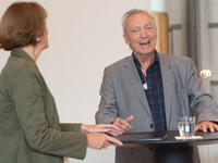 Actor Udo Kier greets Cologne Mayor Henriette Reker for his 80th birthday and signs the Golden Book at Cologne Town Hall in Cologne, Germany...