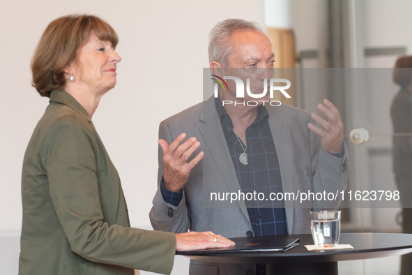 Actor Udo Kier greets Cologne Mayor Henriette Reker for his 80th birthday and signs the Golden Book at Cologne Town Hall in Cologne, Germany...