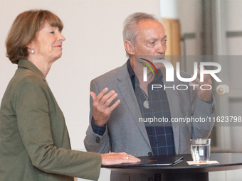 Actor Udo Kier greets Cologne Mayor Henriette Reker for his 80th birthday and signs the Golden Book at Cologne Town Hall in Cologne, Germany...