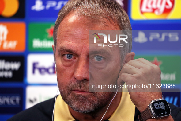 Hansi Flick speaks during the press conference prior to the Champions League match against Young Boys, in Barcelona, Spain, on September 30,...