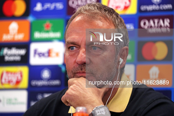 Hansi Flick speaks during the press conference prior to the Champions League match against Young Boys, in Barcelona, Spain, on September 30,...