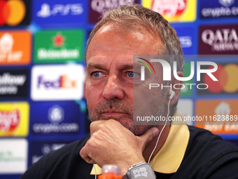 Hansi Flick speaks during the press conference prior to the Champions League match against Young Boys, in Barcelona, Spain, on September 30,...