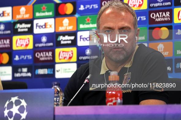 Hansi Flick speaks during the press conference prior to the Champions League match against Young Boys, in Barcelona, Spain, on September 30,...