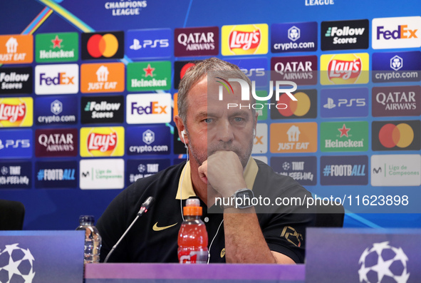 Hansi Flick speaks during the press conference prior to the Champions League match against Young Boys, in Barcelona, Spain, on September 30,...