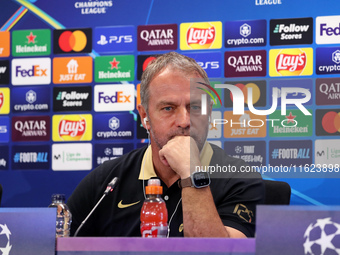 Hansi Flick speaks during the press conference prior to the Champions League match against Young Boys, in Barcelona, Spain, on September 30,...