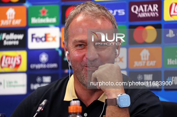 Hansi Flick speaks during the press conference prior to the Champions League match against Young Boys, in Barcelona, Spain, on September 30,...