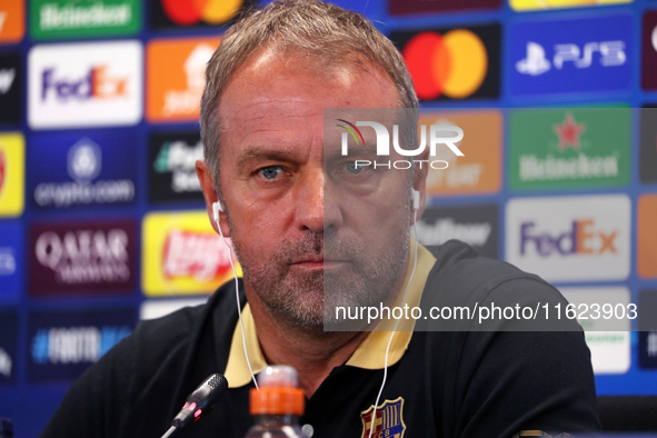 Hansi Flick speaks during the press conference prior to the Champions League match against Young Boys, in Barcelona, Spain, on September 30,...