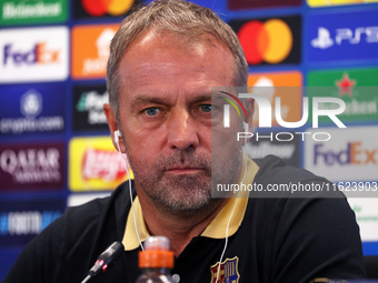 Hansi Flick speaks during the press conference prior to the Champions League match against Young Boys, in Barcelona, Spain, on September 30,...