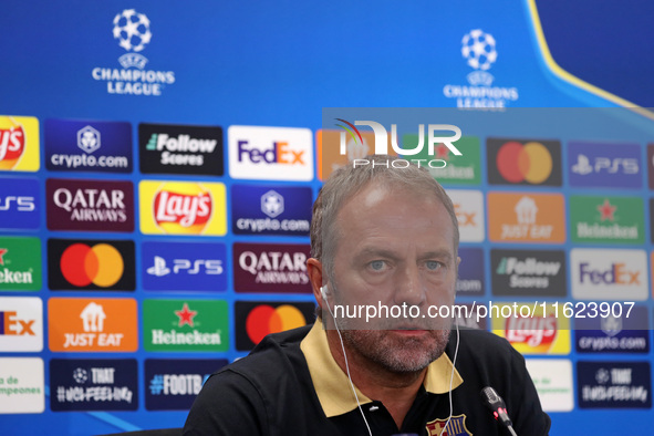 Hansi Flick speaks during the press conference prior to the Champions League match against Young Boys, in Barcelona, Spain, on September 30,...