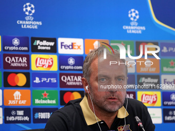 Hansi Flick speaks during the press conference prior to the Champions League match against Young Boys, in Barcelona, Spain, on September 30,...