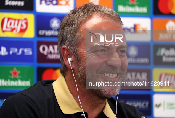 Hansi Flick speaks during the press conference prior to the Champions League match against Young Boys, in Barcelona, Spain, on September 30,...