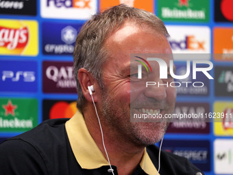 Hansi Flick speaks during the press conference prior to the Champions League match against Young Boys, in Barcelona, Spain, on September 30,...