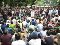 Job seekers stage a demonstration on the road in front of the chief adviser's residence, Jamuna, demanding to raise the age limit for govern...