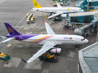 An Airbus A320-232 of Thai Airways is seen at the gate of the Hong Kong International Airport in Hong Kong, China, on September 23, 2024. (