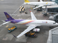 An Airbus A320-232 of Thai Airways is seen at the gate of the Hong Kong International Airport in Hong Kong, China, on September 23, 2024. (