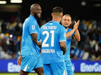 Romelu Lukaku (SSC Napoli) and Stanislav Lobotka (SSC Napoli) celebrate the win with Matteo Politano (SSC Napoli) during the Italian champio...