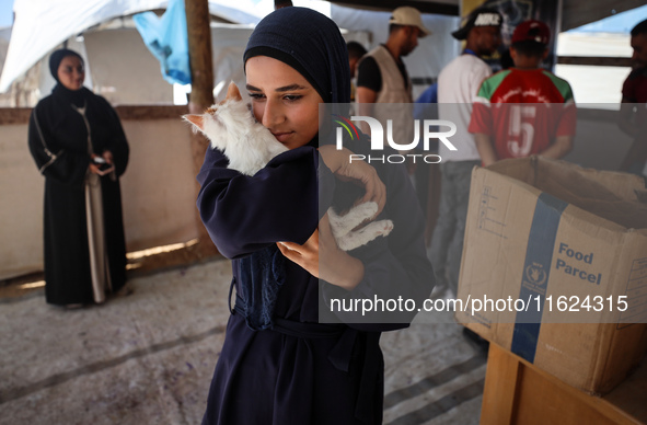 A Palestinian girl carries her cat at a newly opened clinic for animal care at a displacement camp in Deir el-Balah in the central Gaza Stri...