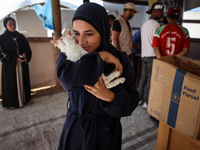 A Palestinian girl carries her cat at a newly opened clinic for animal care at a displacement camp in Deir el-Balah in the central Gaza Stri...