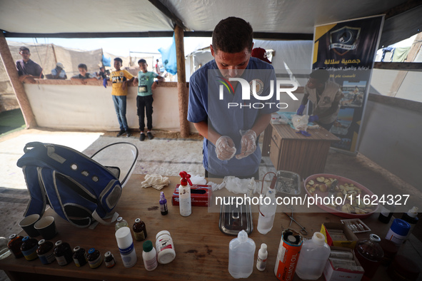 Veterinarians treat a cat at a newly opened clinic for animal care at a displacement camp in Deir el-Balah, Gaza Strip, on September 30, 202...