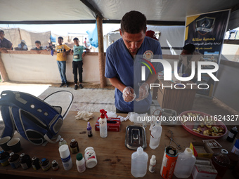 Veterinarians treat a cat at a newly opened clinic for animal care at a displacement camp in Deir el-Balah, Gaza Strip, on September 30, 202...