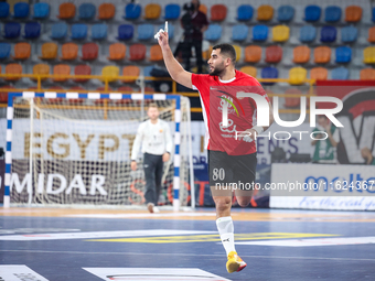 Ahmed Adel of Al Ahly SC celebrates during the 17th IHF Men's Handball Club World Championship 2024 preliminary round match between Al Ahly...