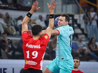 19 Omar Dahroug of Al Ahly SC battles for the ball with 13 Aitor Arino Bengoechea of FC Barcelona during the 17th IHF Men's Club World Champ...