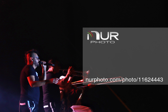 Arturo Ruelas, known as ''Pinocho,'' vocalist of the Los Estramboticos band, performs during the ''Hasta Siempre Presidente Fest'' at the Mo...