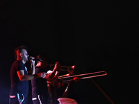 Arturo Ruelas, known as ''Pinocho,'' vocalist of the Los Estramboticos band, performs during the ''Hasta Siempre Presidente Fest'' at the Mo...