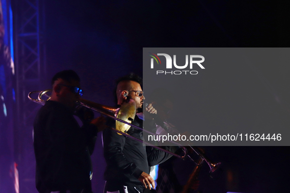 Arturo Ruelas, known as ''Pinocho,'' vocalist of the Los Estramboticos band, performs during the ''Hasta Siempre Presidente Fest'' at the Mo...